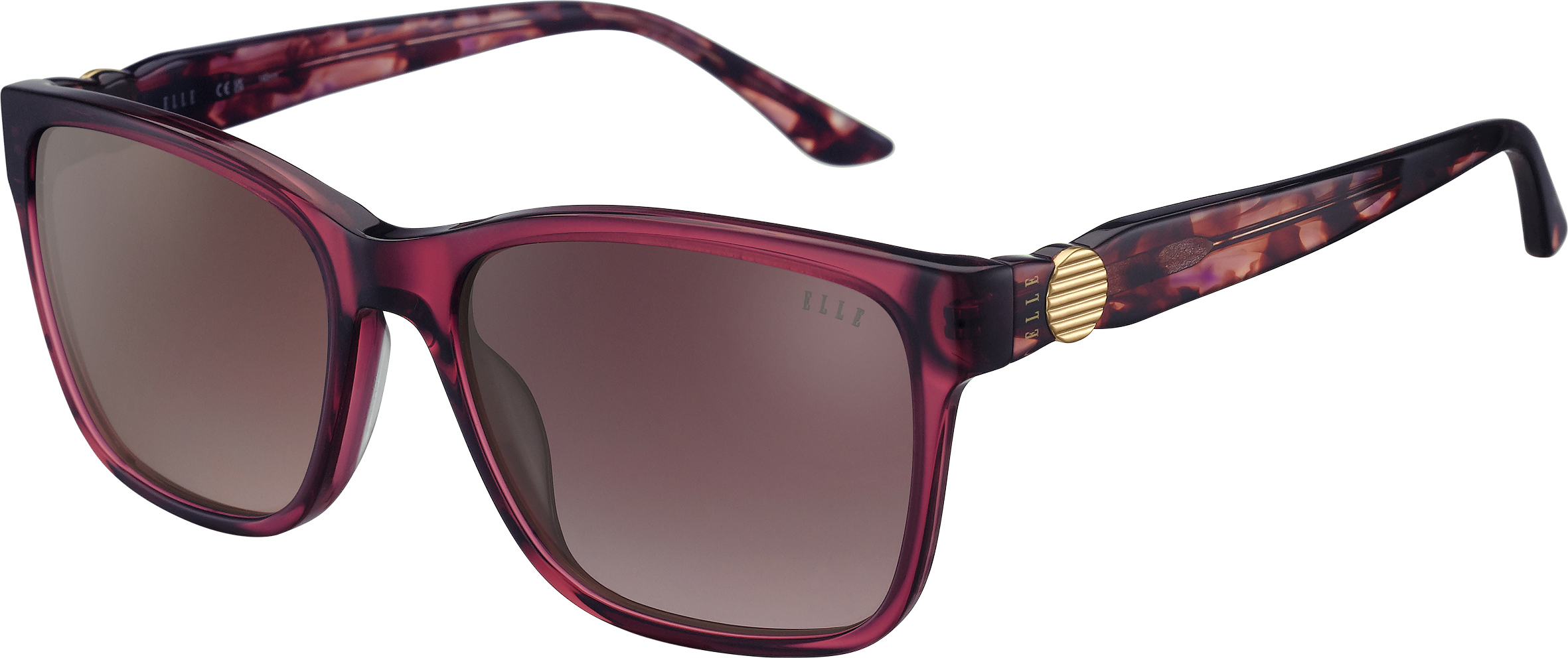 Sonnenbrille - EL14946 ELLE rechteckige Sonnenbrille in Weinrot mit rosa verlaufenden Gläsern und gerippten, goldfarbenen Detail