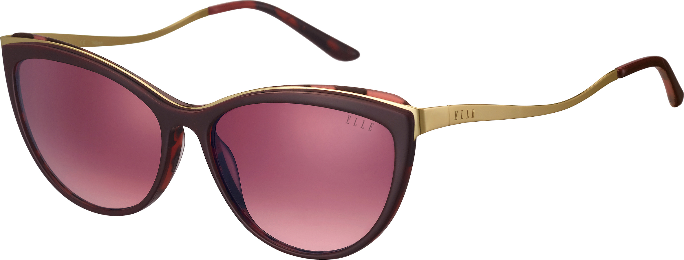 ELLE Made in France Cat-Eye-Sonnenbrille in Weinrot mit rosa verlaufenden Gläsern und goldfarbenen Details