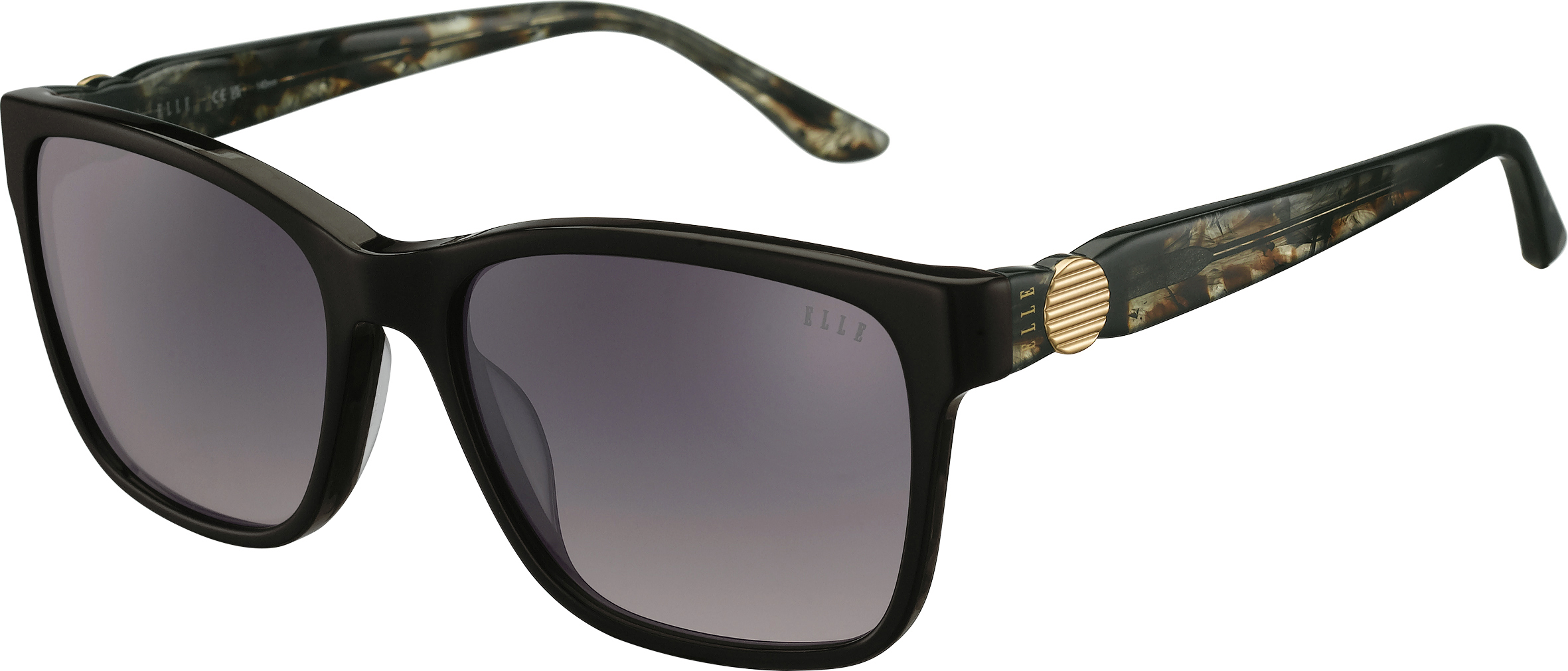 ELLE rechteckige Sonnenbrille in Schwarz mit grau verlaufenden Gläsern und gerippten, goldfarbenen Detail