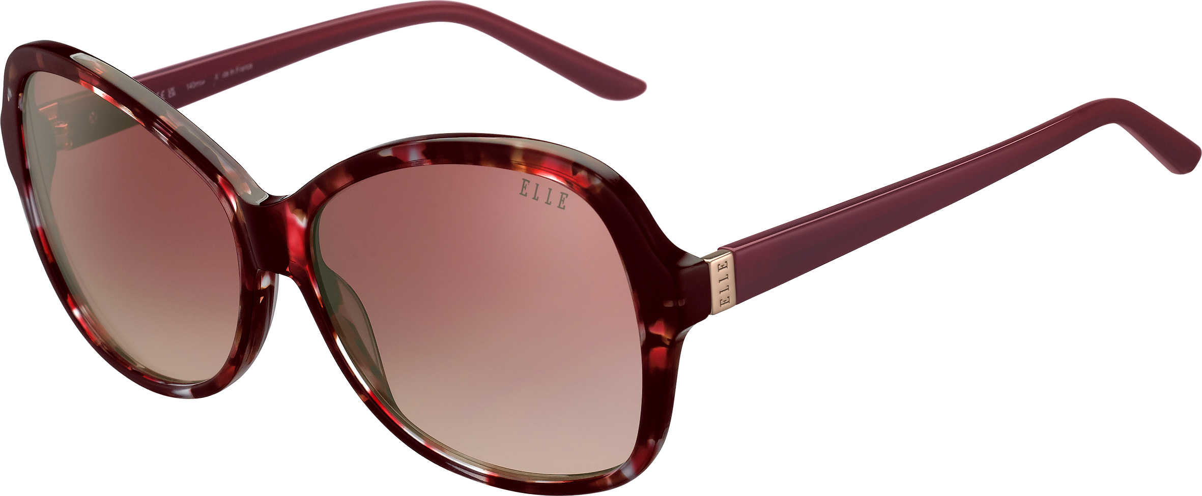 ELLE Sonnenbrille in Schmetterlingsform in gemustertem Weinrot mit roten verlaufenden Gläsern und goldenem Metalldetail