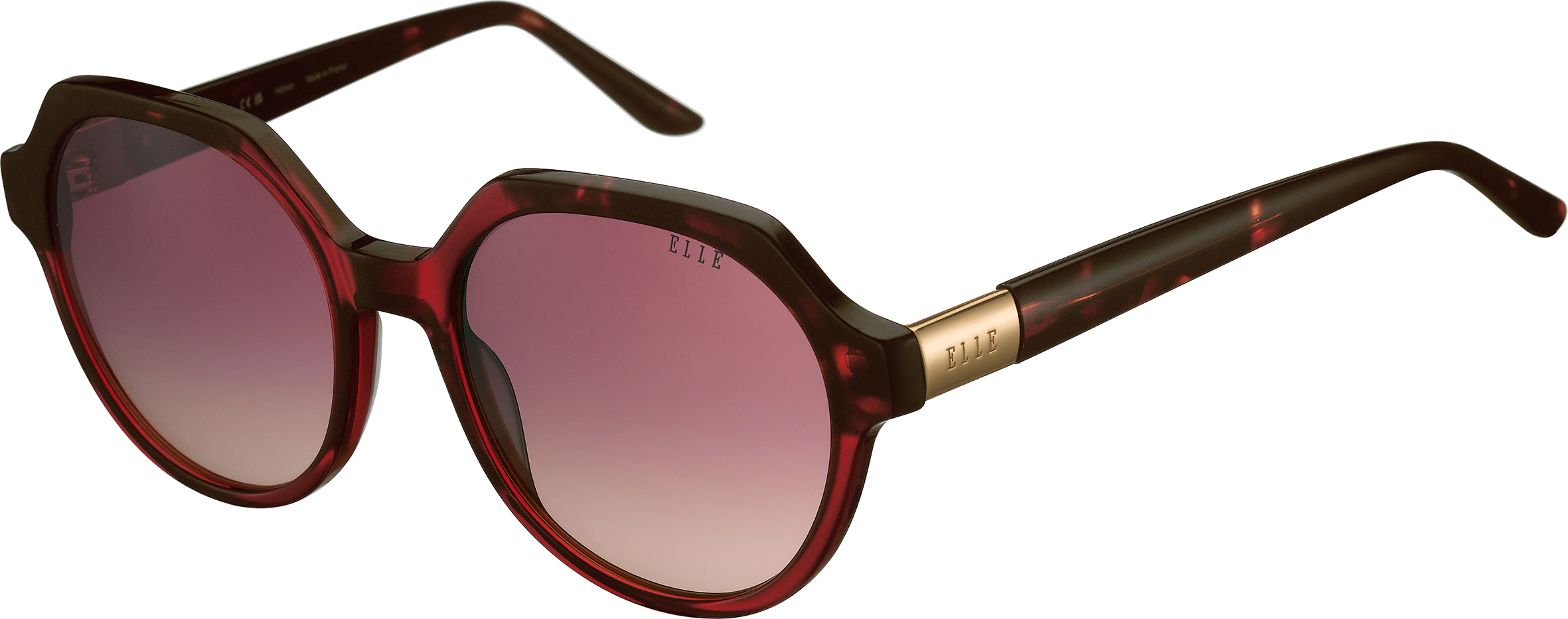 ELLE Made in France geometrische Sonnenbrille in Rot mit dunkelroten Mustern und rot verlaufenden Gläsern