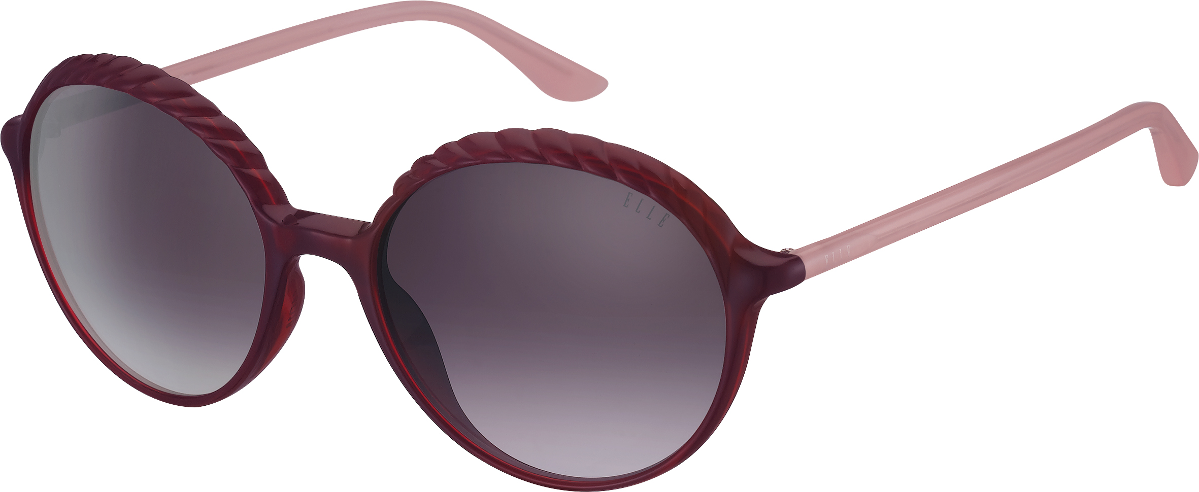 ELLE runde Sonnenbrille in Weinrot mit lila verlaufenden Gläsern und geflochtenen Detail an der Front